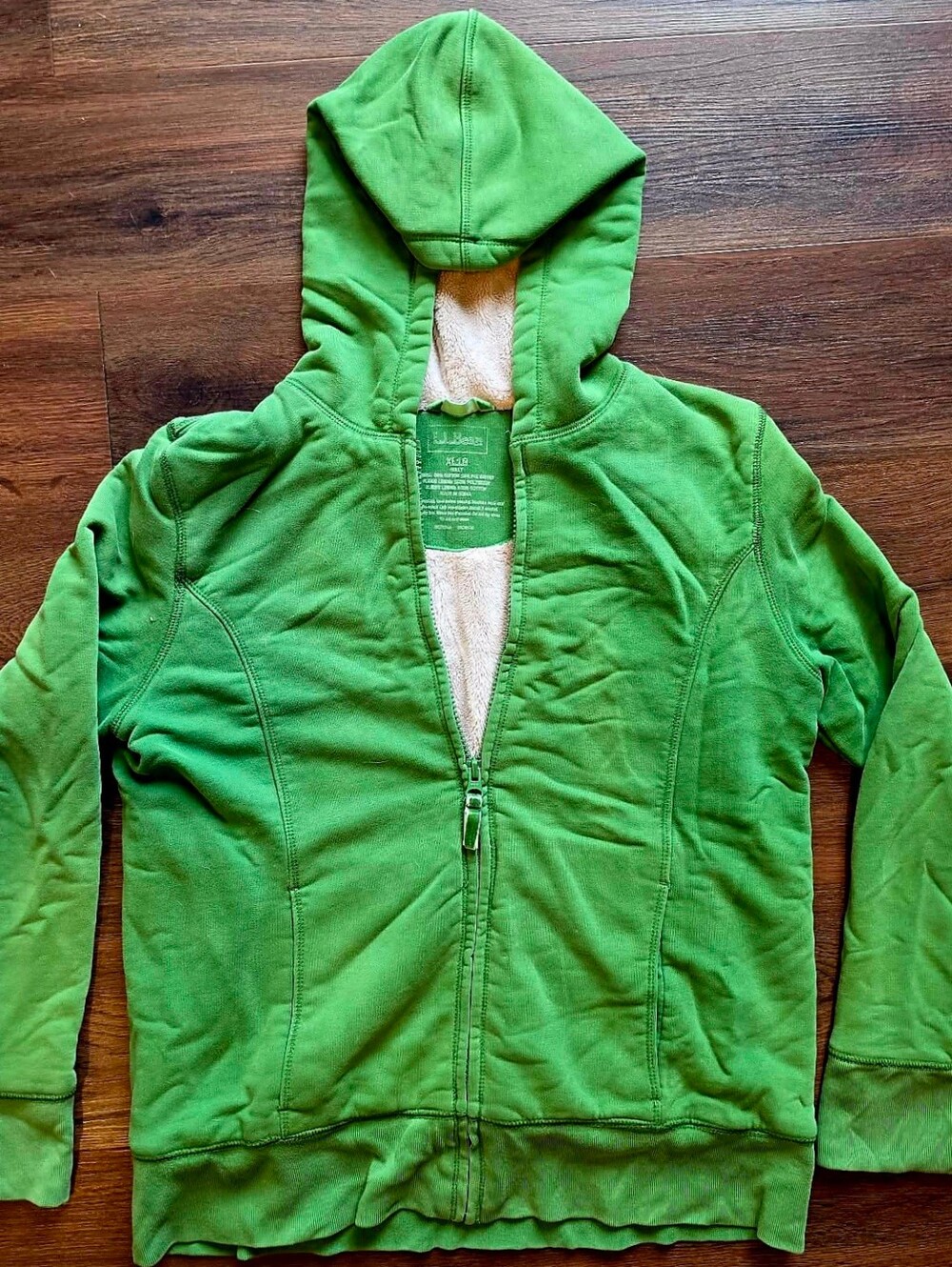 L.L. Bean Kids XL18 Bright Green Hooded Fleece Lined Zip Jacket
